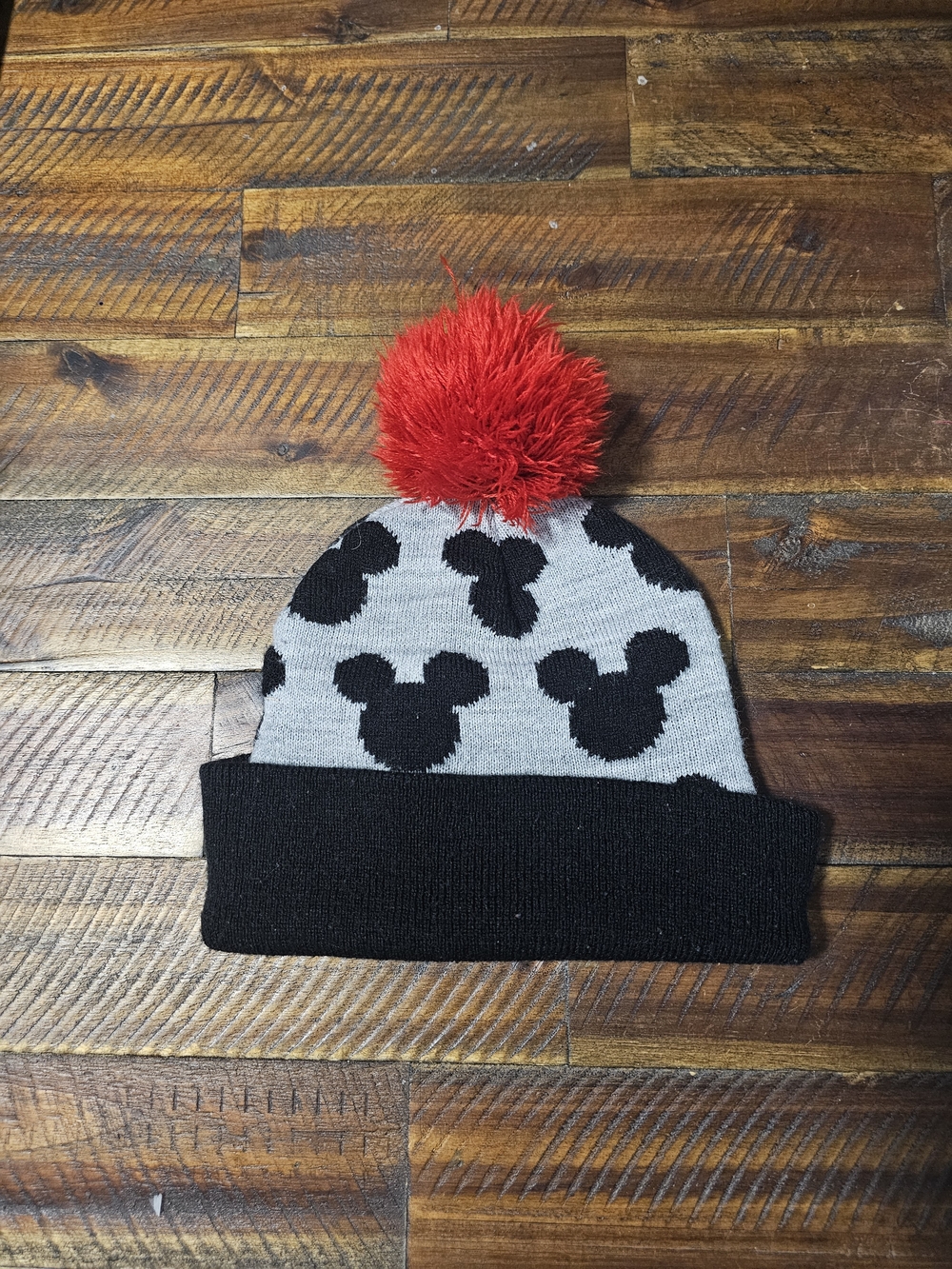 Kids Red Pom Knit Beanie with Black Mickey Pattern